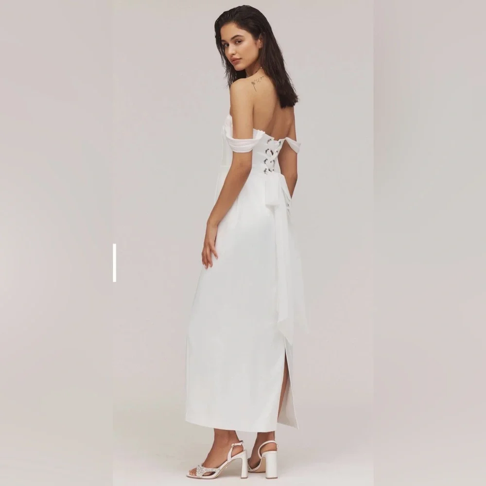 NWT BHLDN Off-The-Shoulder Lace-Up Satin Column Midi Dress - Picture 2 of 8